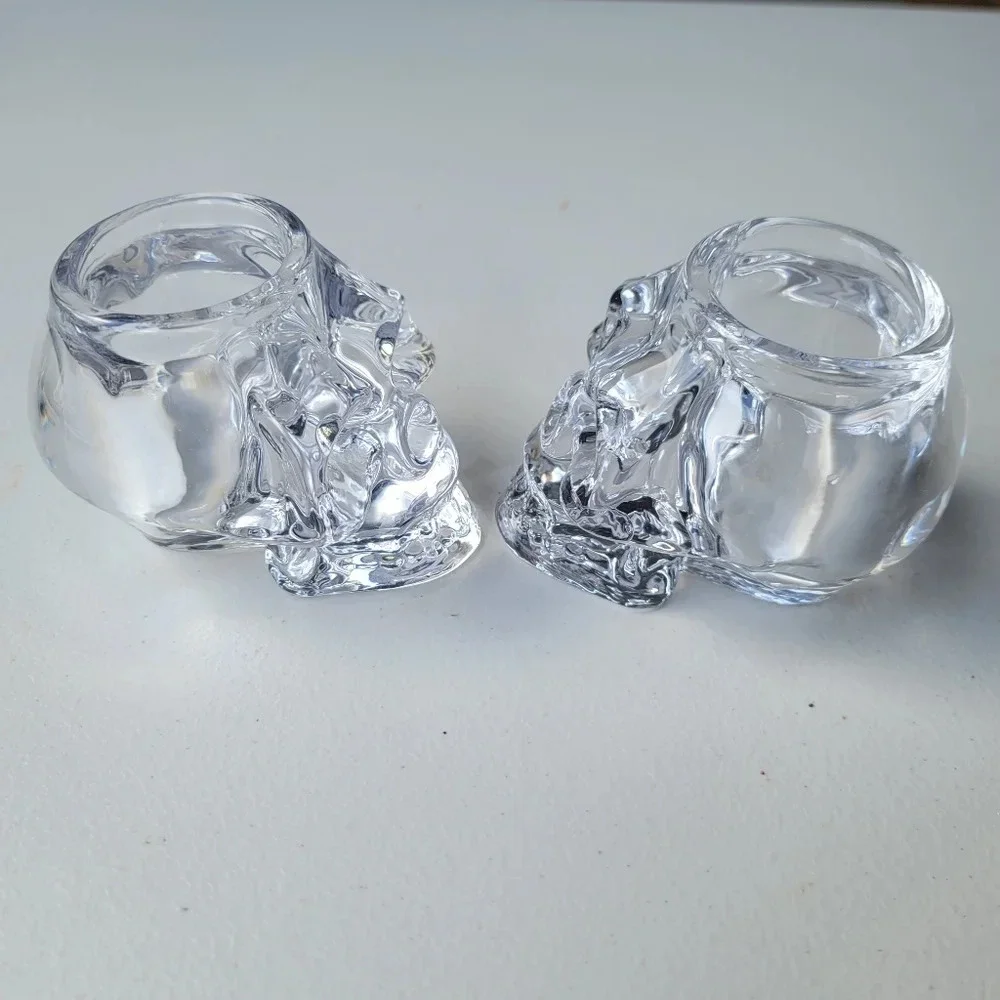 Set Of 2 Halloween Decor Art Glass Scull  Candleholder Tea Crystal Clear Heavy